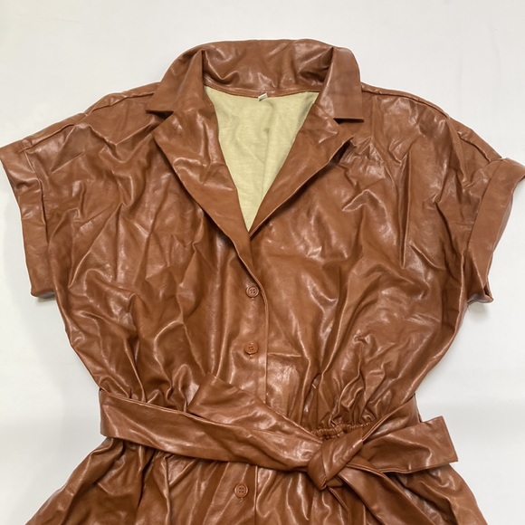 Brown Leatherette Belted Dress - Picture 2 of 5